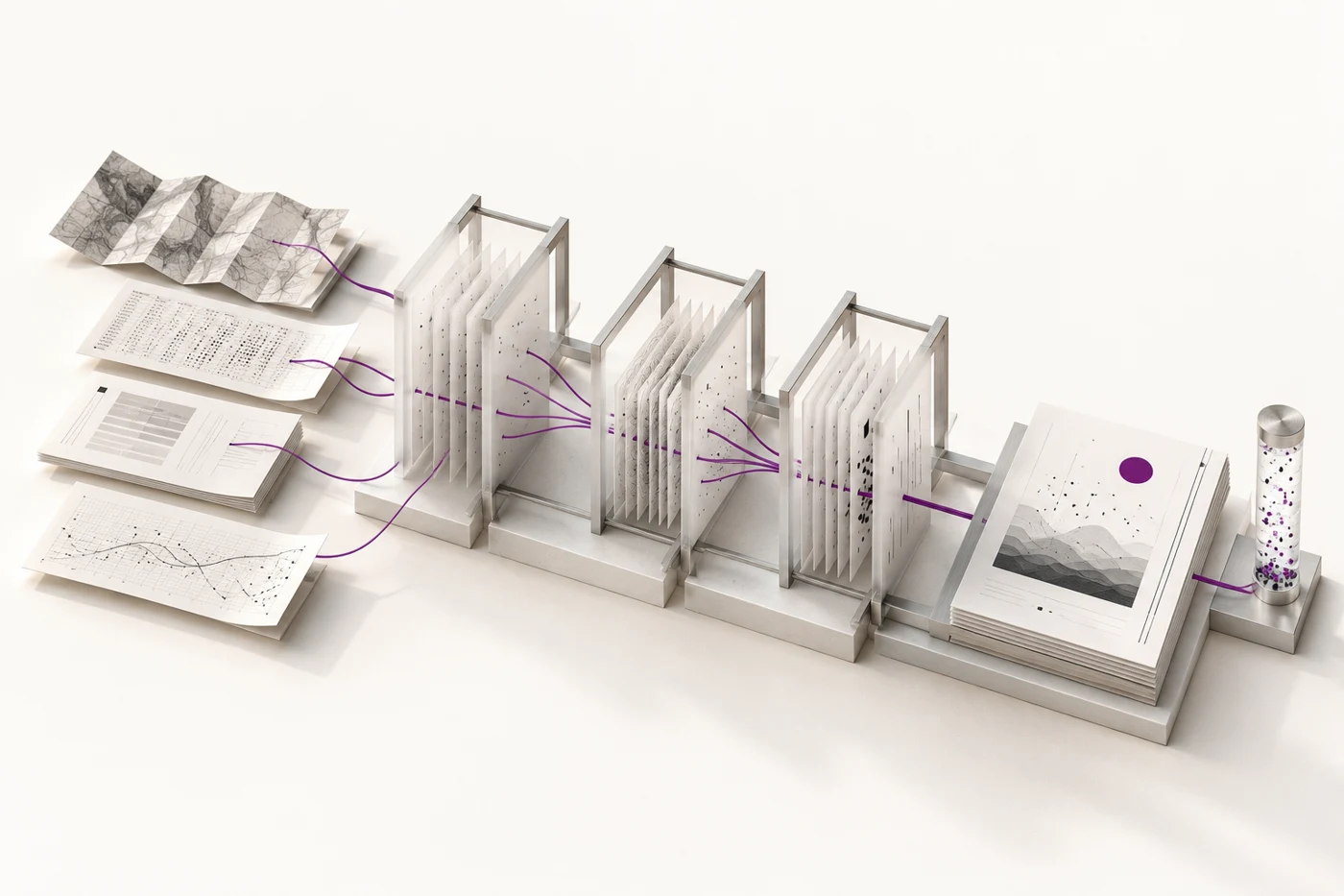 Conceptual illustration of source documents moving through analytical frames into an organised report.